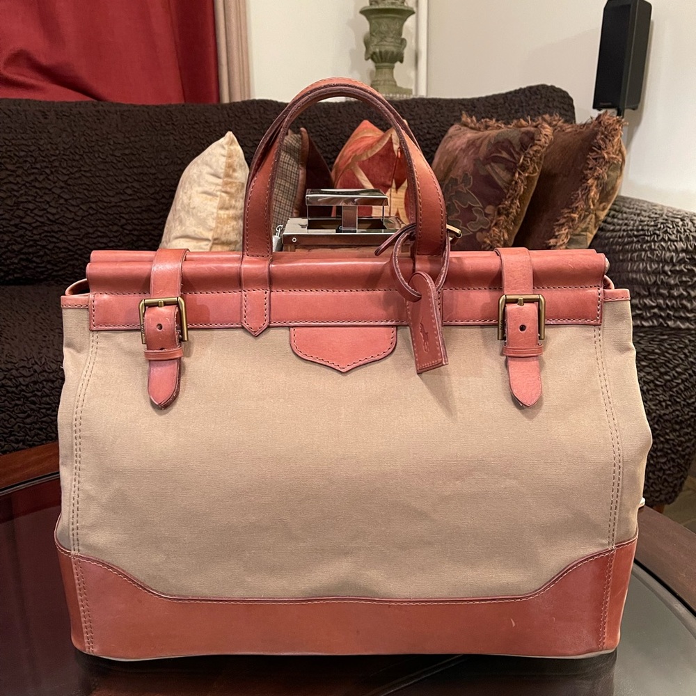 100% Authentic Ralph Lauren Carry-all Canvas & Leather Travel Bag Tote